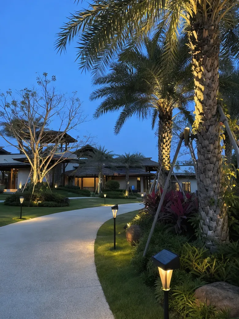 Solar garden lighting installed along resort pathways and feature trees in a hospitality landscape setting