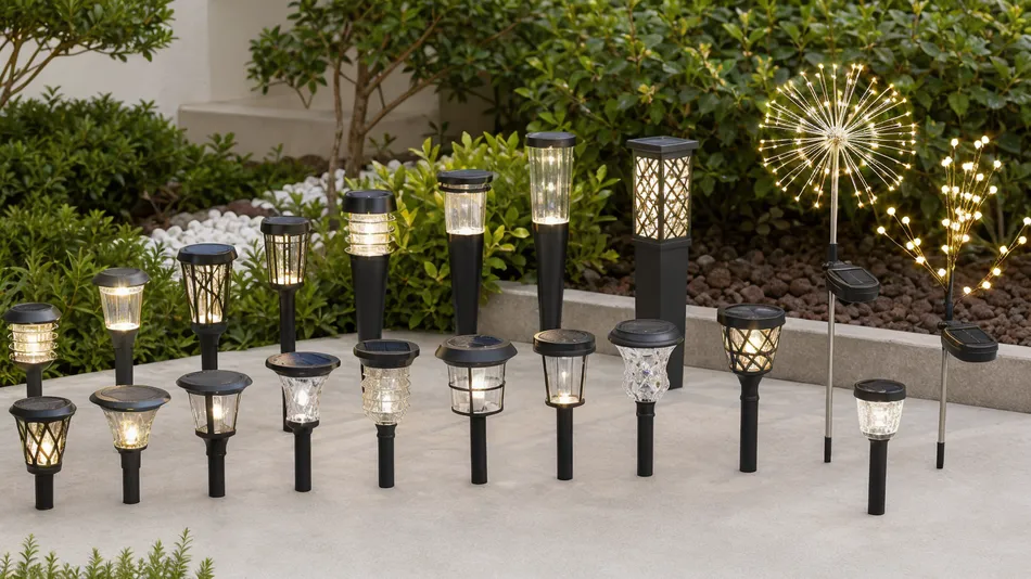 Solar garden lights catalog range for retail distributors showing warm white pathway fixtures and decorative styles