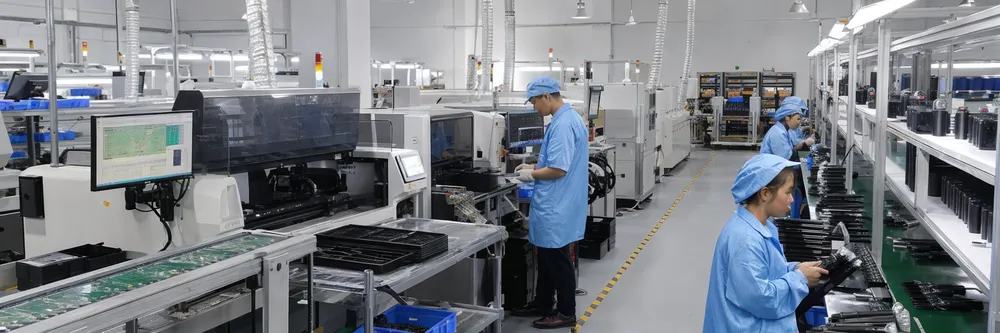 JXSOL factory production line for solar garden lights showing SMT assembly and quality inspection stations