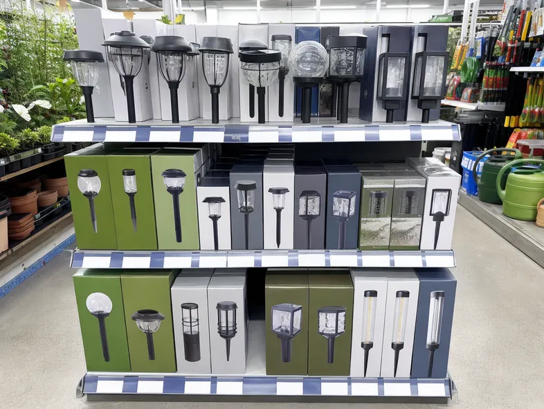 Solar garden lights retail display at a garden center hardware store