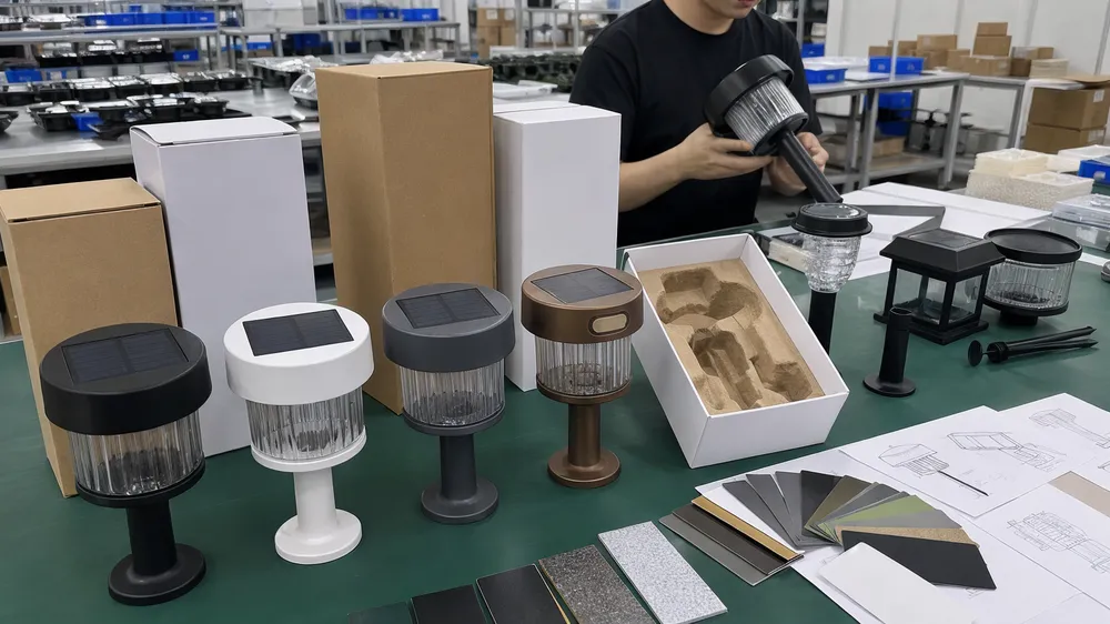 OEM and ODM customization options for solar garden lights including logo printing, custom packaging, and housing color selection
