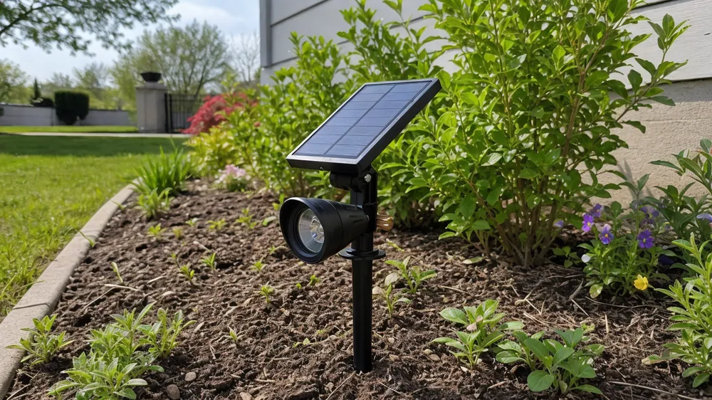 Solar garden light installation showing optimal panel exposure and stake placement in garden bed soil