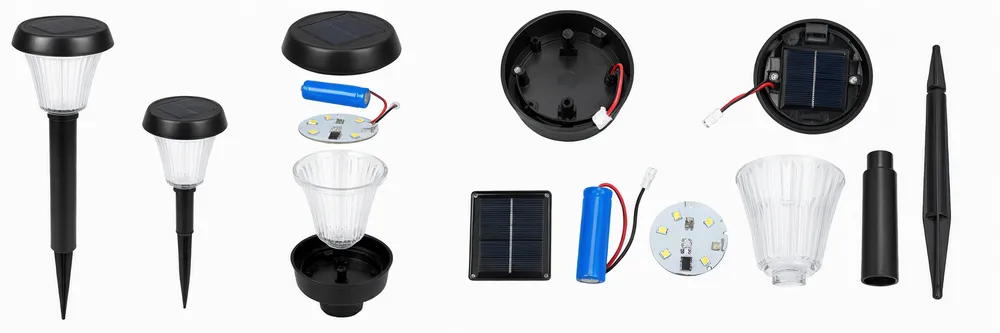 Solar garden light technical specifications overview showing panel, battery, and LED components