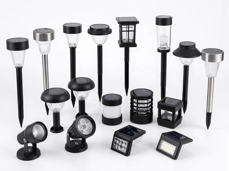 JXSOL solar garden lights product range including stake lights, lawn lights, and patio accent lights