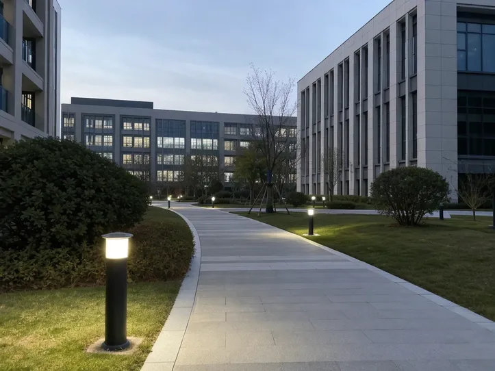 Solar landscape lighting installed along walkways in a commercial office campus at dusk