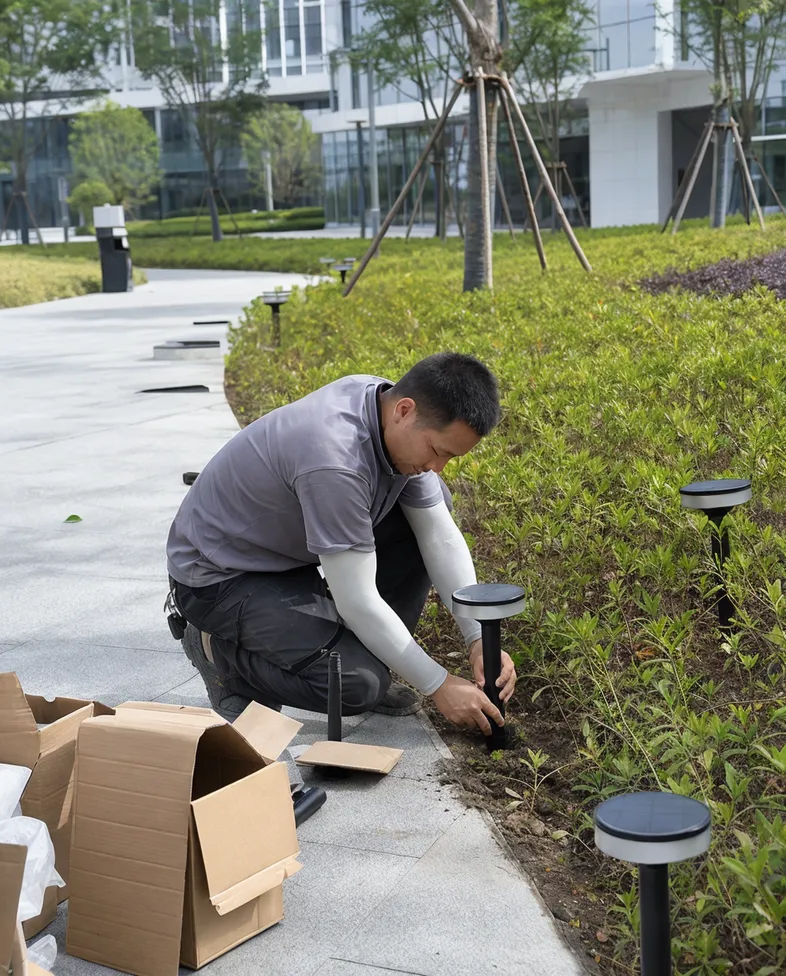 Landscape contractor installing solar landscape lighting fixtures on a commercial property project site