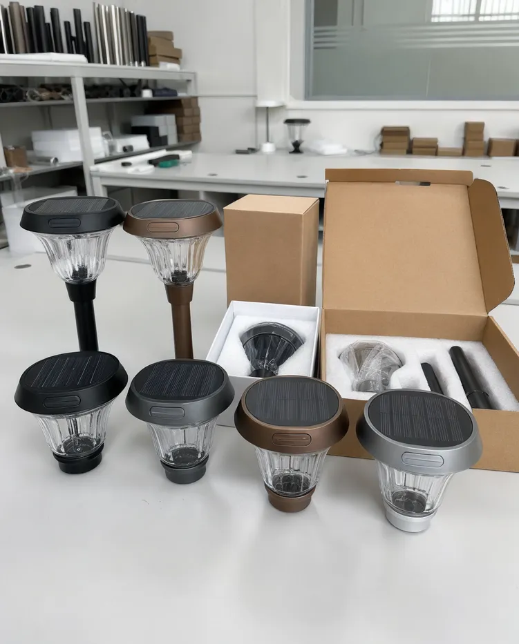 Custom branded solar landscape lighting samples showing housing color options, logo embossing, and packaging configurations
