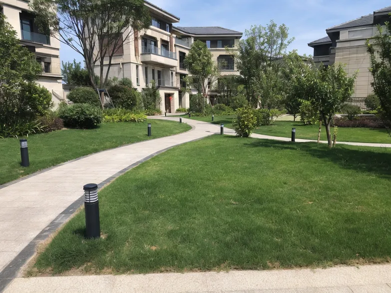 Solar landscape lighting installed uniformly across a residential villa development common area