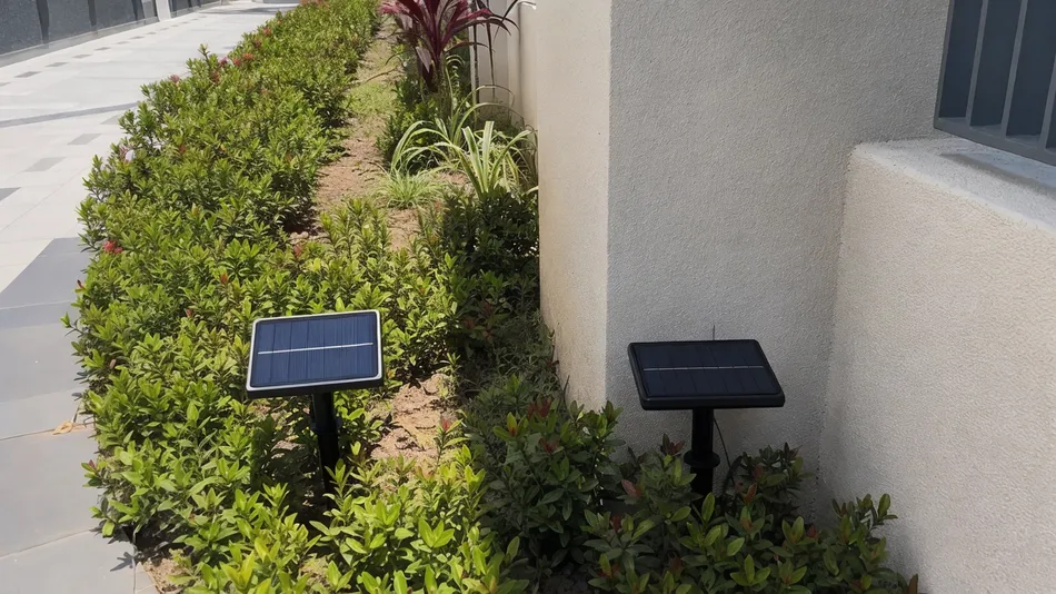 Solar landscape light panel placement showing direct sun exposure versus partial shade from adjacent structures