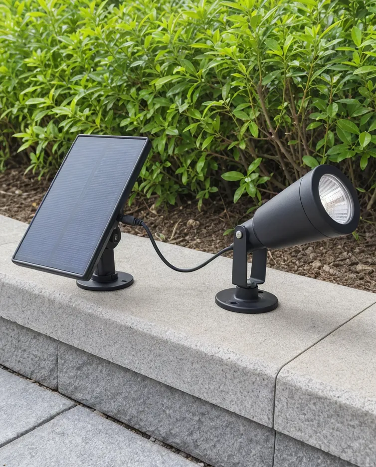 Solar spotlight with adjustable separate panel showing independent panel angle and light head orientation