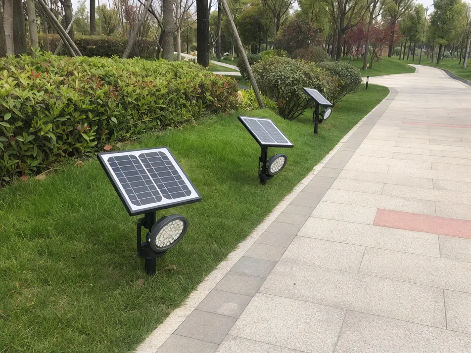 Solar spotlights installed in a municipal park with IP67 rated housing for public garden illumination
