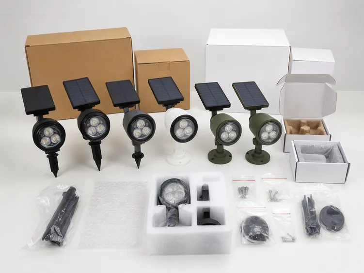 OEM/ODM solar spotlight configuration showing custom housing colors and packaging options