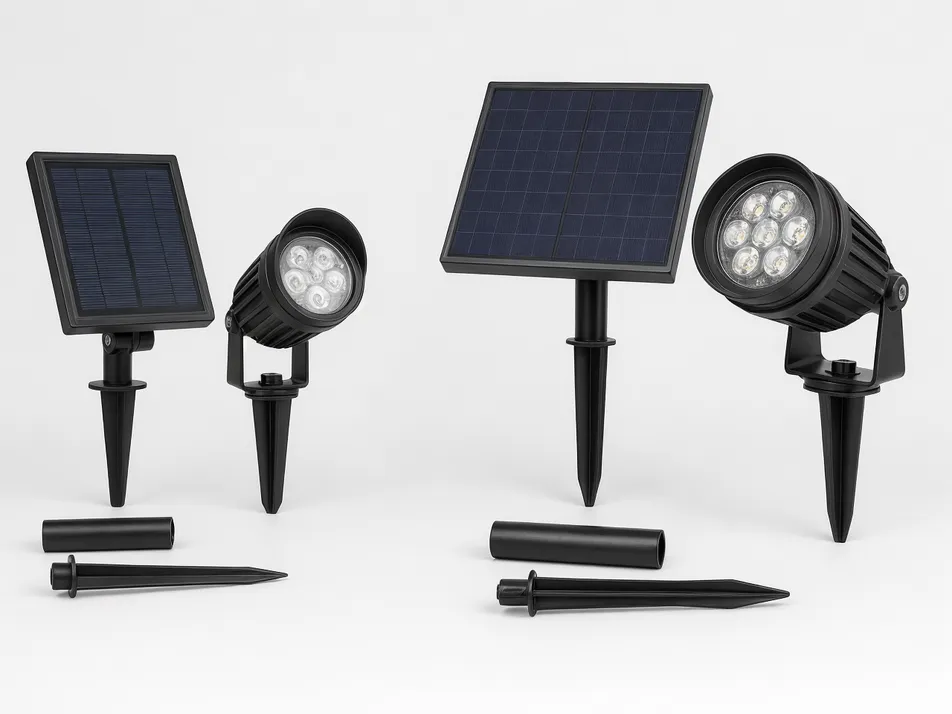 Solar spotlight SKU catalog configuration for retail distributors showing standard and high-output models