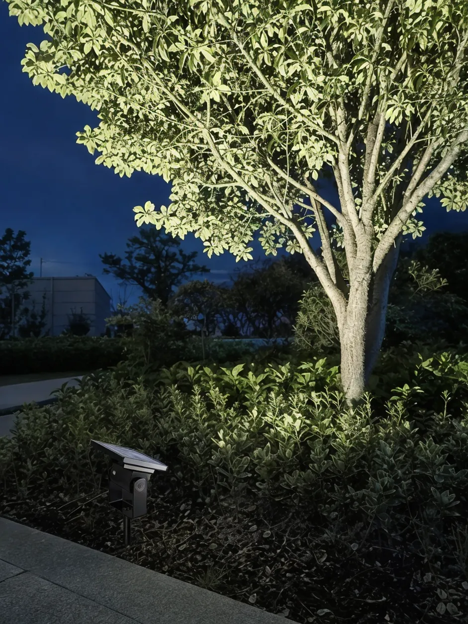 JXSOL solar spotlight illuminating a tree canopy at night, showing focused directional beam