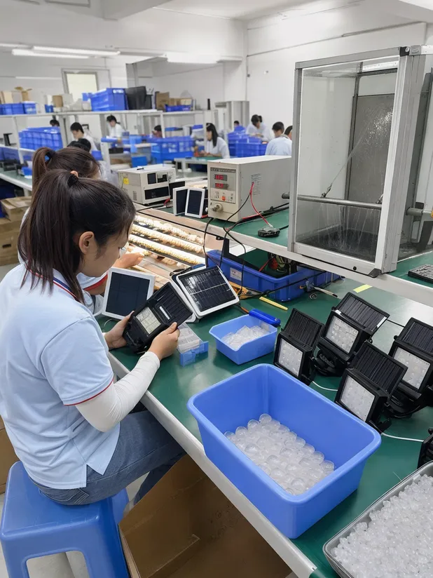 Solar spotlight production quality control inspection station with LED binning and waterproof testing