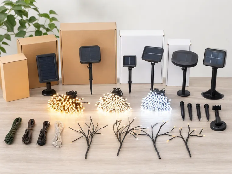 Private-label solar tree light customization options including wire colors, LED CCT, and retail packaging