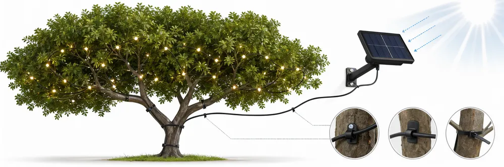 Diagram showing solar panel placement relative to tree canopy with lead cable routing for optimal charging