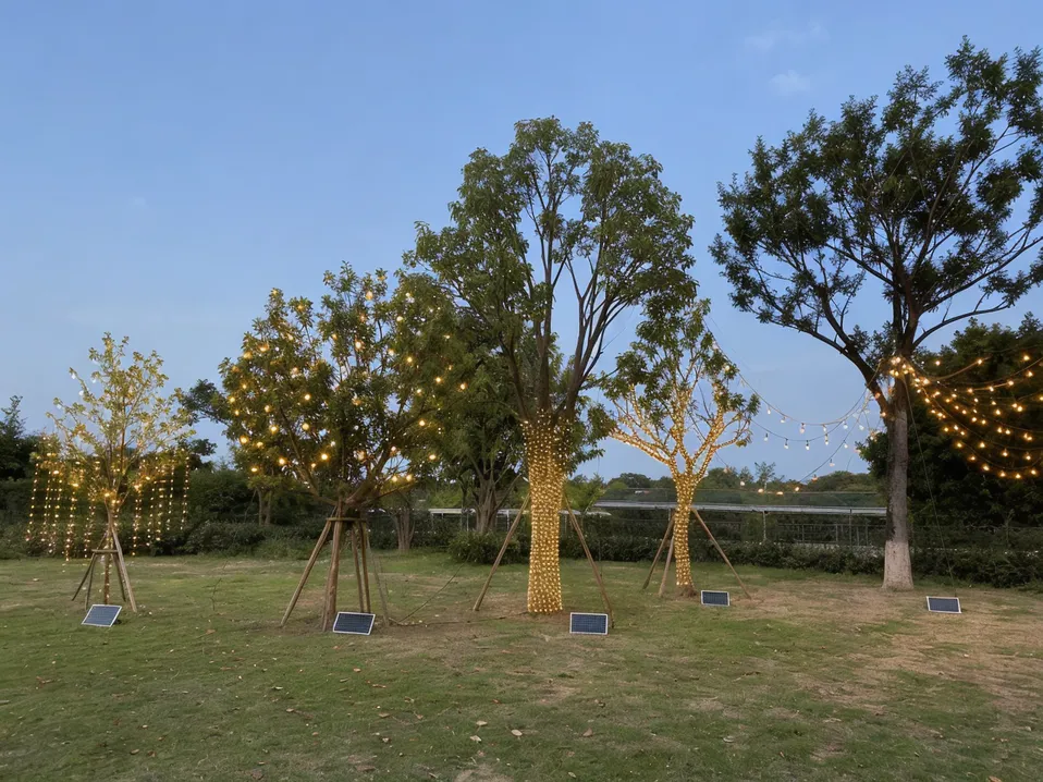 Solar tree light SKU formats displayed across different tree sizes and installation types