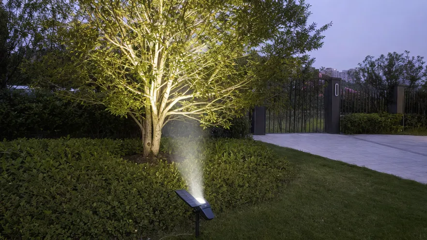 Solar spotlight mounted on ground projecting directional beam upward to illuminate a tree