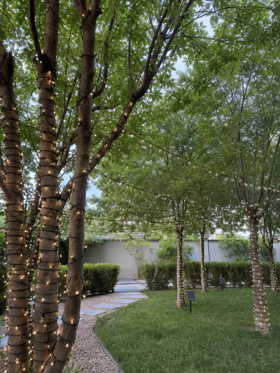 Solar tree lights wrapped around outdoor trees showing string and canopy installation formats