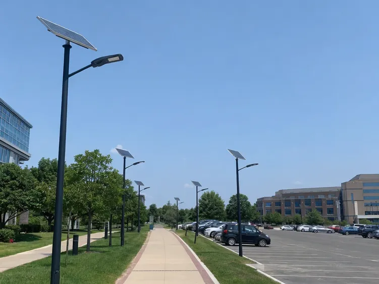 Solar area lights installed along university campus pathway and municipal parking lot