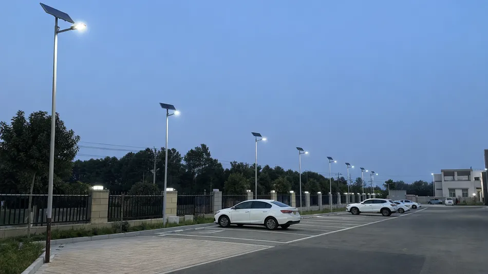 Solar area lights installed across a commercial parking lot perimeter at dusk