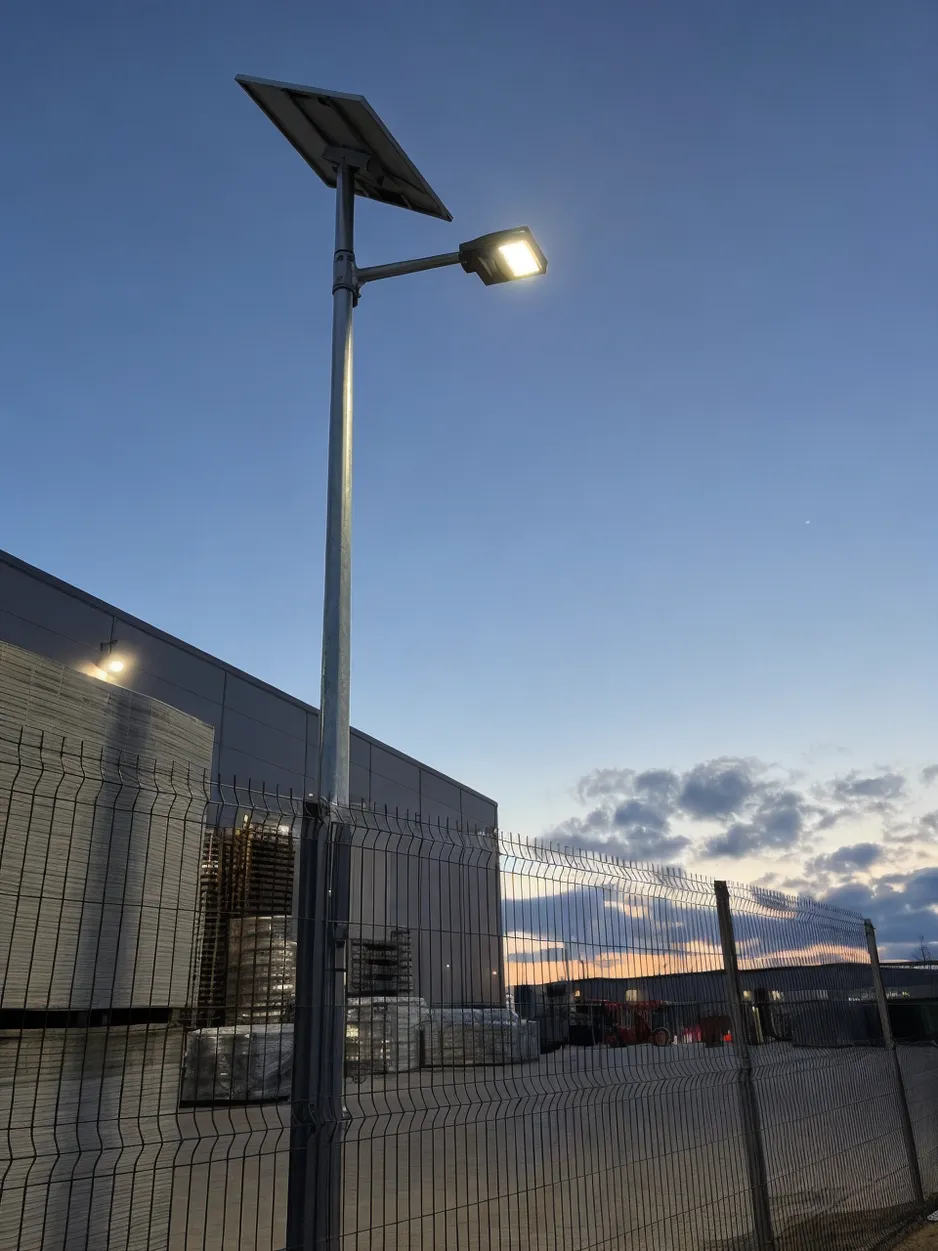 Commercial solar area light installed on pole in industrial yard at dusk