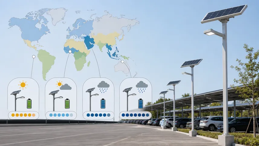 Battery autonomy days mapped to regional climate conditions for solar parking lot lights