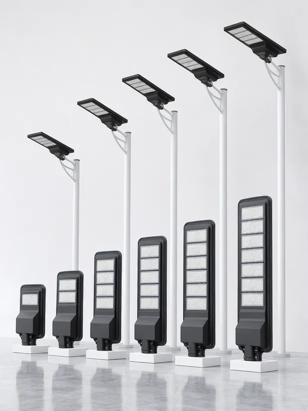 Solar parking lot light specification range overview showing LED power, battery capacity, and mounting height options