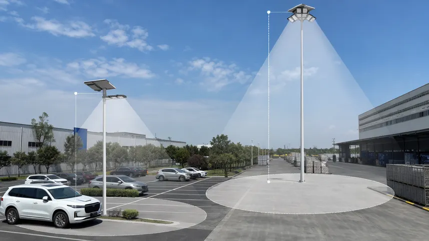 Solar parking lot light lumen output mapped to mounting height for coverage planning