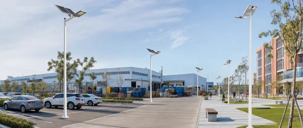 Solar area lighting deployed across commercial parking lot, industrial yard, and campus environments