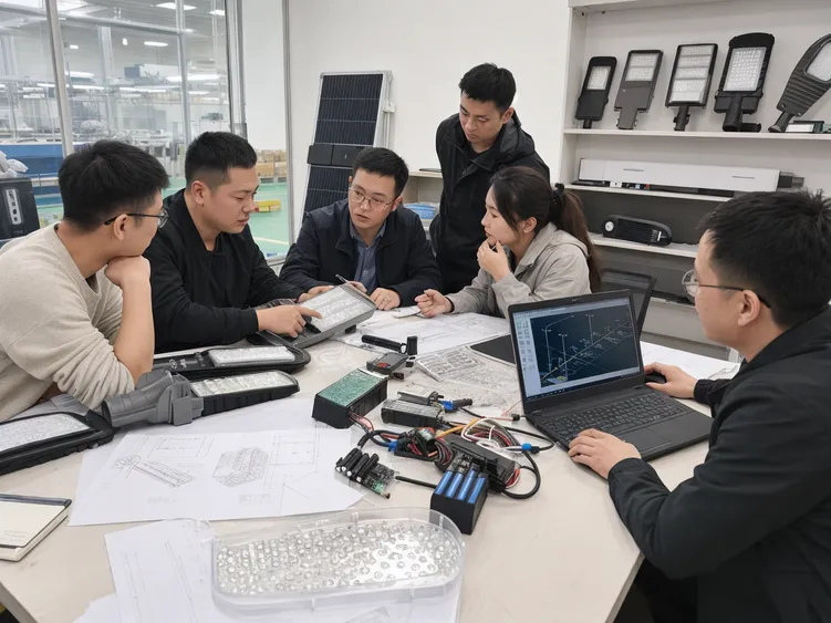 JXSOL engineering team reviewing OEM solar lighting configuration