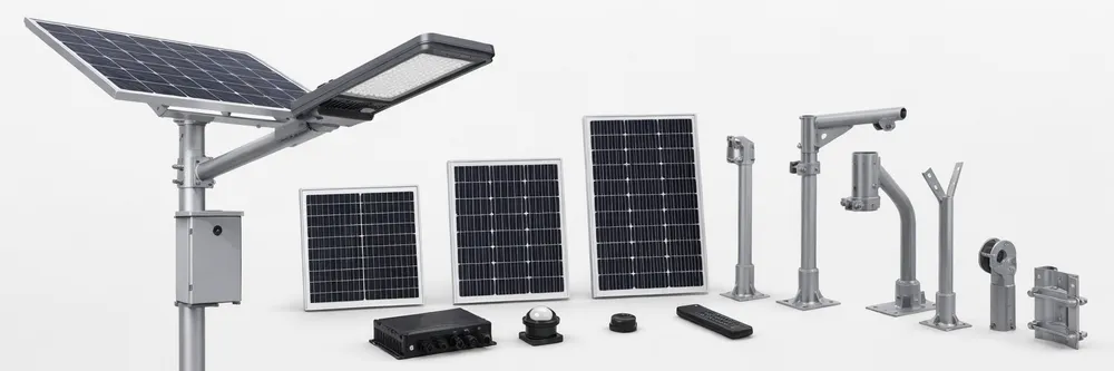Solar parking lot light configuration overview showing panel sizing, control modes, and mounting bracket options