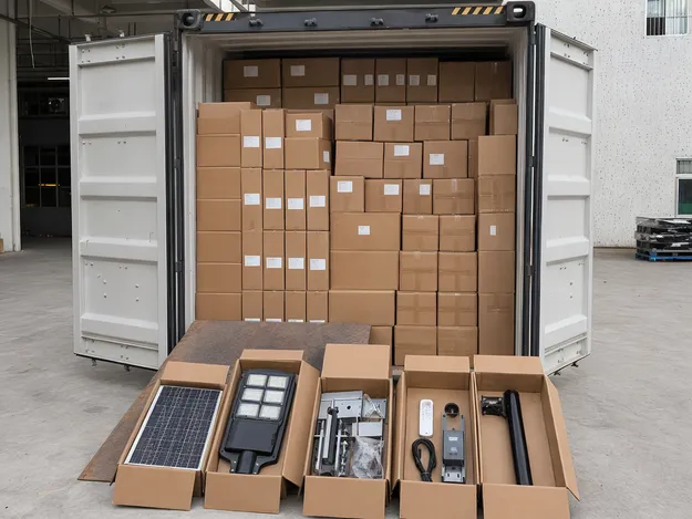 20GP container loaded with solar area light cartons optimized for space