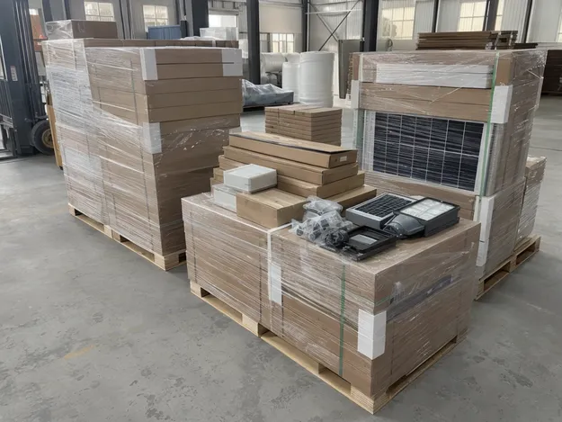 Palletized solar area light shipment ready for warehouse delivery