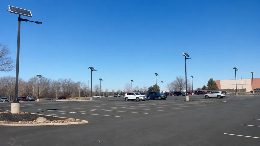 Solar area lights installed across a commercial overflow parking lot