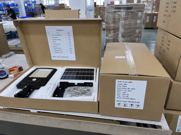 Solar area light carton packing with labeled accessory kits and batch code label