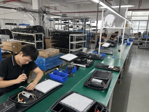 Solar area light assembly and quality inspection at JXSOL 12,000 m² factory in Zhongshan