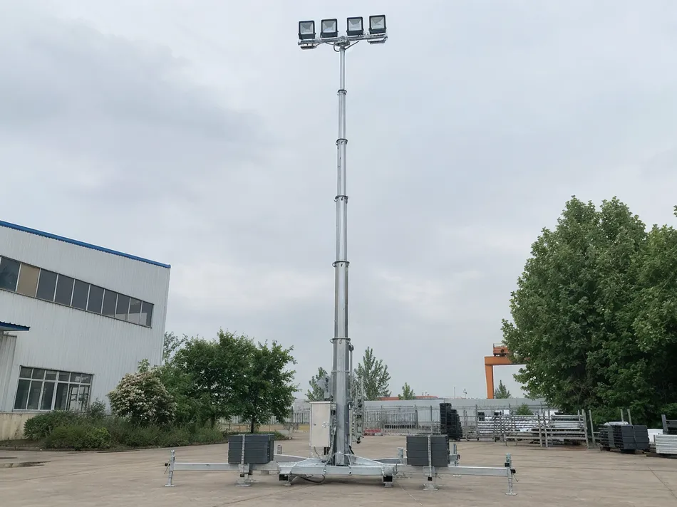 Solar lighting tower mast at full extension showing telescoping galvanized steel construction and base ballast configuration