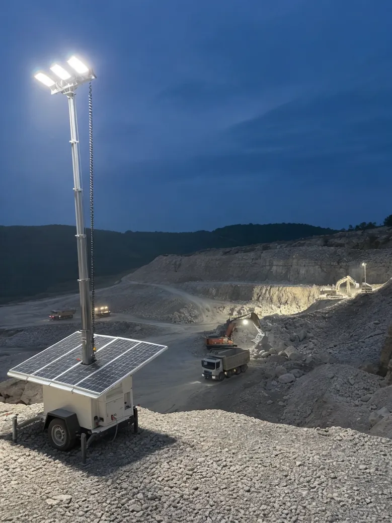 Solar lighting tower illuminating a 24-hour mining operation at a remote quarry site