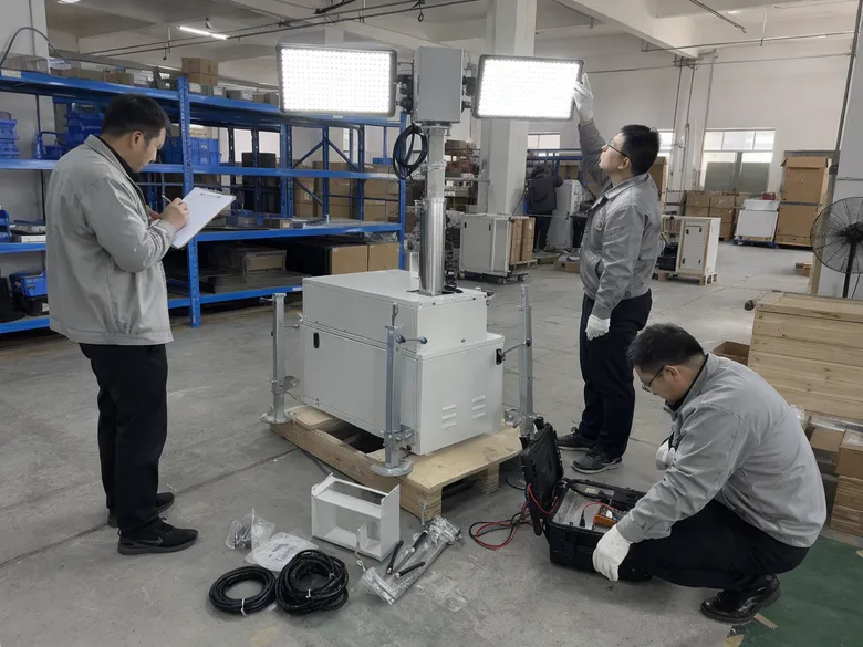 JXSOL pre-shipment inspection process for solar lighting towers including LED output testing and waterproof structure verification