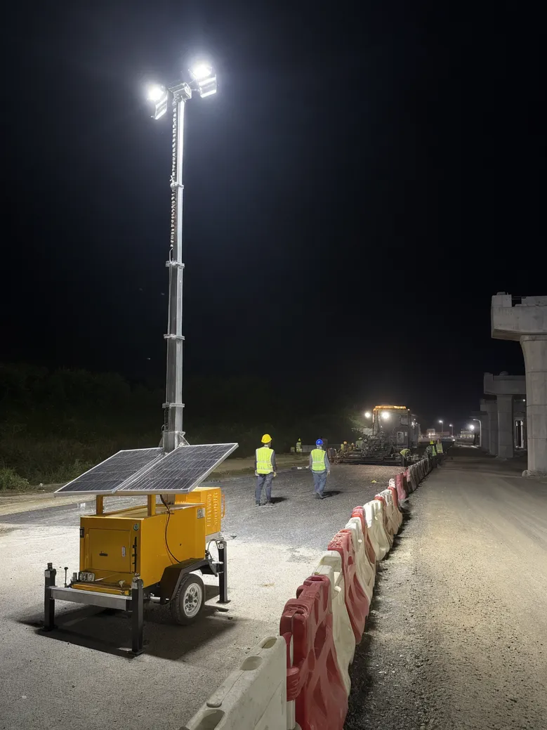 Portable solar lighting tower deployed at a highway construction night shift work zone