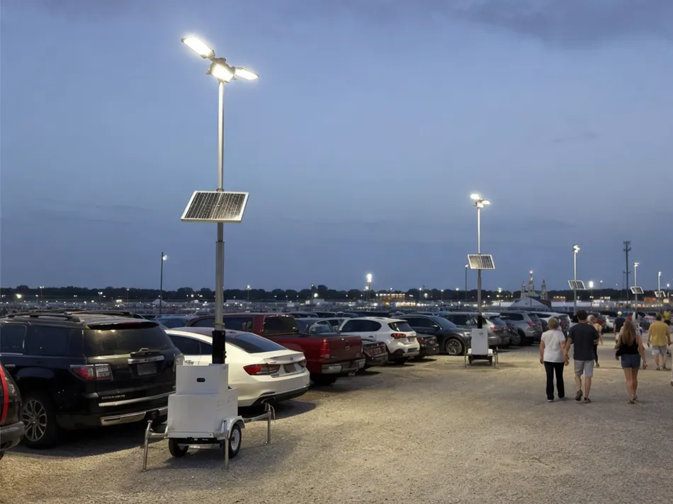 Solar lighting towers illuminating a temporary parking lot at an outdoor event venue