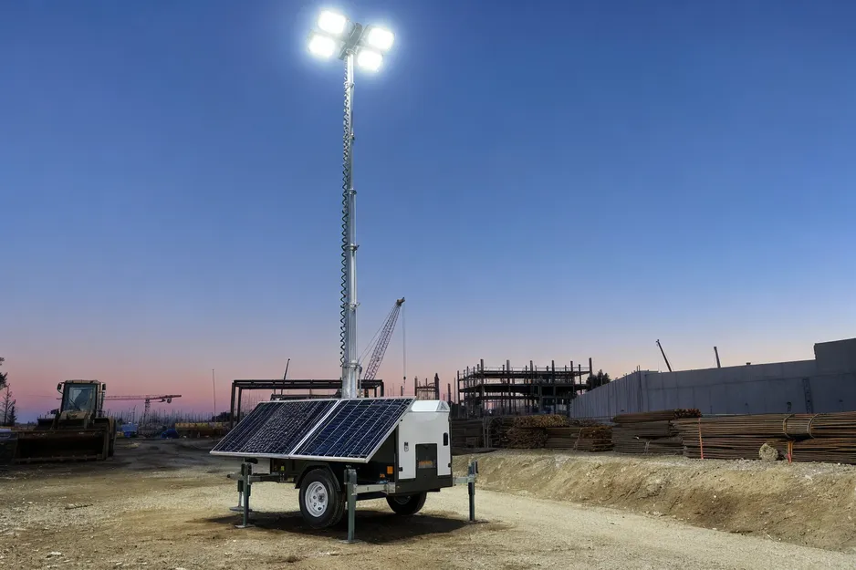 JXSOL solar lighting tower deployed on a construction site at dusk, mast extended with LED floodlights illuminating the work area