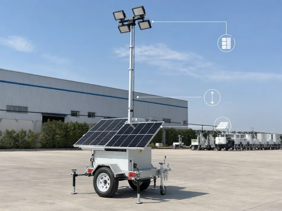 Solar lighting tower showing key specification points including mast height, solar panel array, and LED fixture configuration