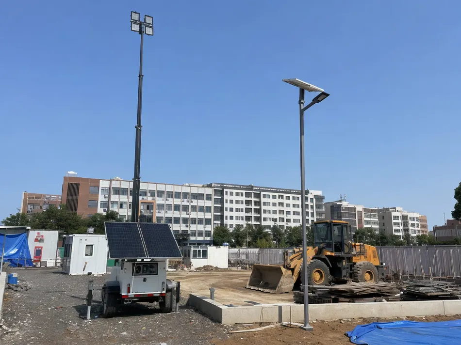 Solar lighting tower deployed on a temporary construction site next to a permanent fixed solar area light installation