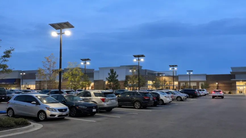 Solar parking lot lights installed across a retail shopping center parking area at dusk