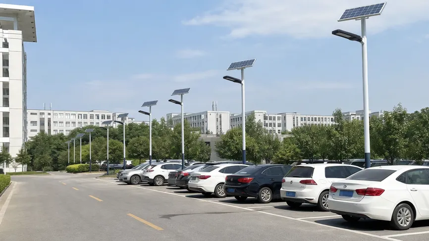 Solar parking lot lights deployed across a university campus parking facility
