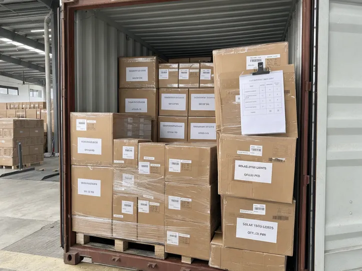Mixed-SKU container loading layout showing labeled cartons organized by product type with consolidated packing list