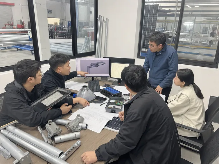 JXSOL engineering team reviewing custom solar pole light configurations